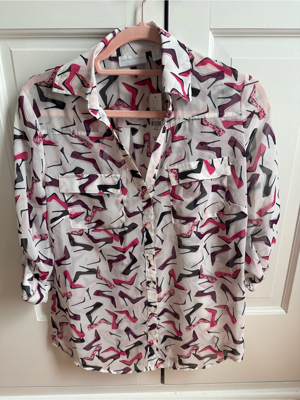 New York & Company White Button-Down Shirt with Pink and Black Shoe Print